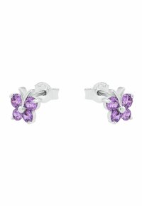 Pendientes de plata en forma de mariposa que presentan piedras preciosas moradas en un diseño floral, con tres piedras en cada ala.
