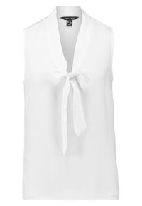 Biała bezrękawnikowa bluzka z głębokim dekoltem w kształcie litery V i detalem w postaci kokardy z przodu, wykonana z lekkiego materiału, idealna zarówno na codzienne, jak i formalne okazje.