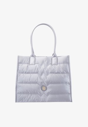 Gewatteerde draagtas in lichtgrijs met twee handvaten, voorzien van een doorgestikte textuur en een cirkelvormig logo in het midden.