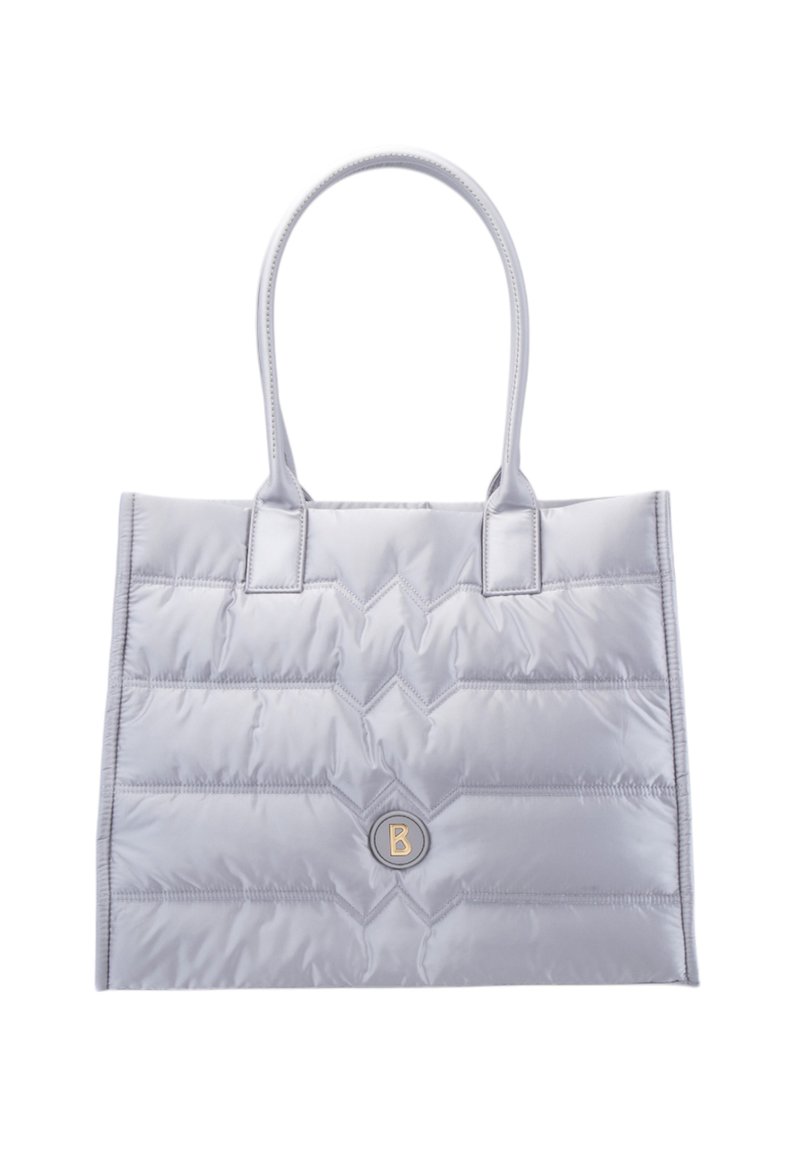 Ocieplona torba na ramię w jasnoszarym kolorze z dwoma uchwytami, z pikowaną fakturą i okrągłym logo na środku.