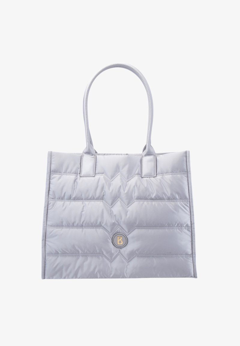 Ocieplona torba na ramię w jasnoszarym kolorze z dwoma uchwytami, z pikowaną fakturą i okrągłym logo na środku.