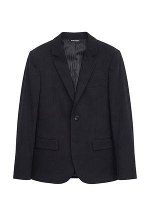 Blazer noir simple boutonnage avec revers à crans, fermeture par un bouton, deux poches à rabat et une poche poitrine passepoilée, intérieur doublé.