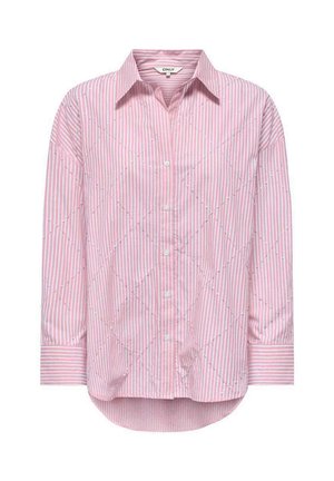 Chemise à manches longues rayée verticale rose et blanche avec surpiqûres en losange, boutonnière devant et col pointu.