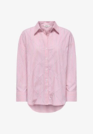 Chemise à manches longues rayée verticale rose et blanche avec surpiqûres en losange, boutonnière devant et col pointu.