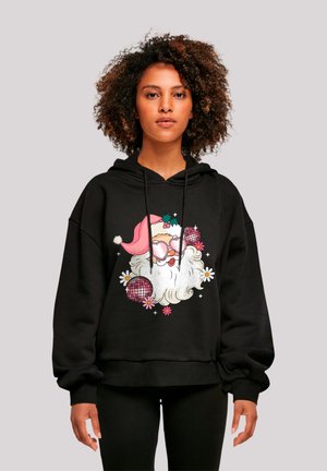 Schwarzer Hoodie mit einer bunten Santa-Grafik, der eine Brille trägt, umgeben von Blumen und Discokugeln. Weiches Material mit lockerer Passform.