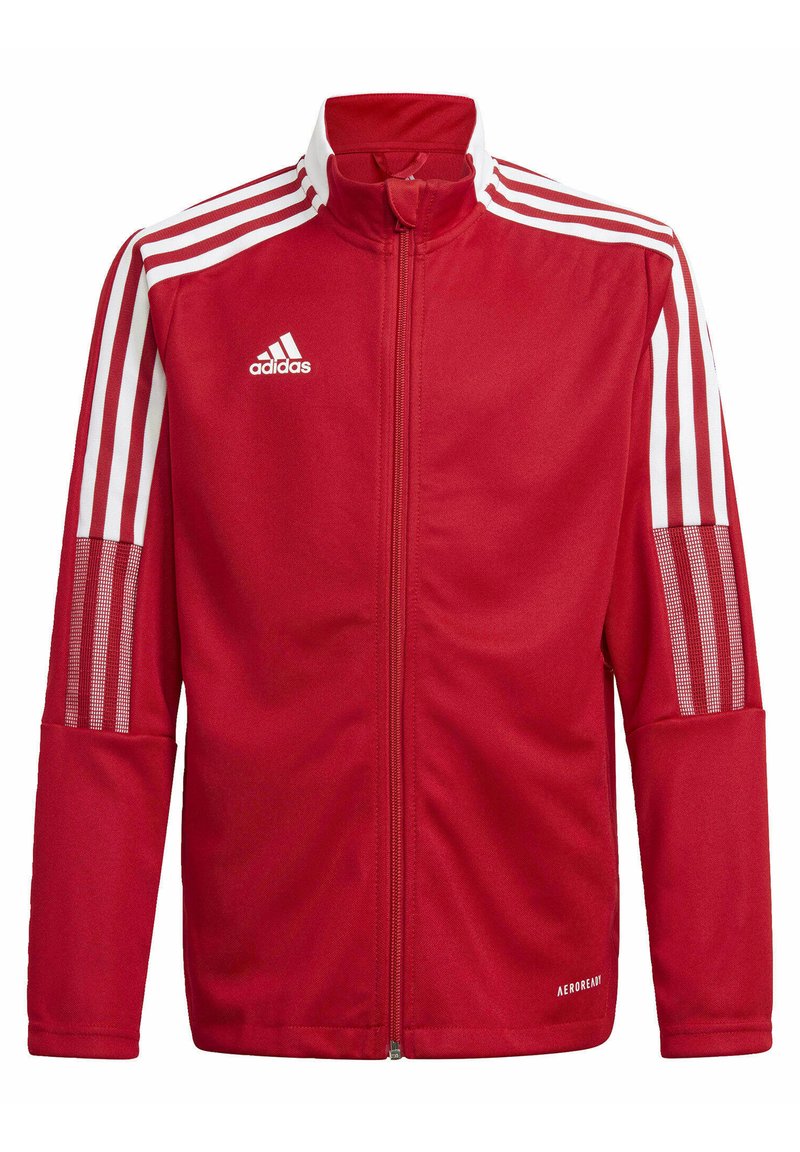 Red zip-up jacket with white stripes on shoulders, made of smooth fabric, features mesh accents and "aeroreant" branding on the lower side.