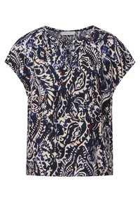 Blusa blu navy con intricate fantasie floreali bianche e rosse. Maniche corte a cappuccio, scollatura rotonda e vestibilità rilassata. Realizzata in tessuto leggero.