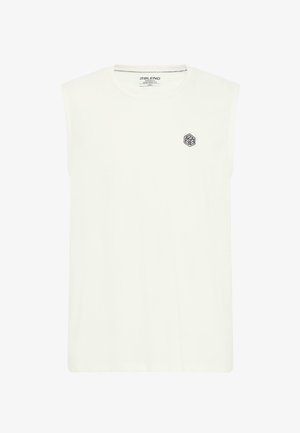 White sleeveless t-shirt with a round neck and a small black geometric logo on the left chest. Smooth cotton material, relaxed fit.