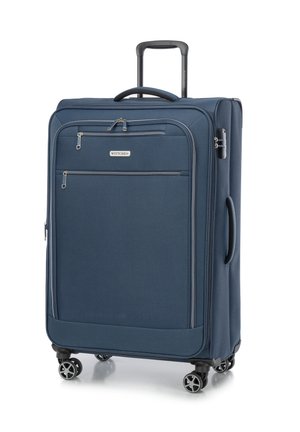 Valise bleu marine en tissu texturé, avec deux zips à l'avant, une poignée rétractable et quatre roues pivotantes pour une mobilité facile.
