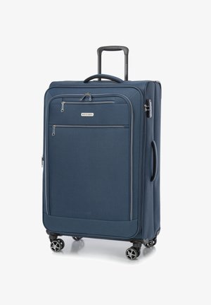 Valigia blu navy con tessuto testurizzato, due cerniere frontali, un manico retrattile e quattro ruote girevoli per una facile mobilità.