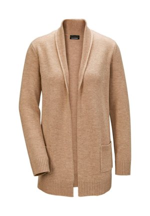 Cardigan beige en tricot texturé, avec des manches longues, une ouverture devant, un ourlet et des poignets côtelés, et deux poches avant.