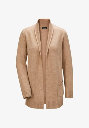 Beiger Cardigan aus strukturiertem Strickstoff, mit langen Ärmeln, offener Vorderseite, geripptem Saum und Bündchen sowie zwei vorderen Taschen.