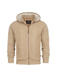 Sudadera con capucha beige de patrón de punto trenzado texturizado, con cremallera completa y forro suave blanco. Presenta puños y dobladillo acanalados, y una etiqueta en la manga.