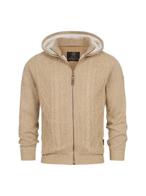Beige hettegenser med et strukturert kabelstrikkmønster, hel glidelås og mykt hvitt fôr. Utstyrt med ribbestrikkede mansjetter og nederkant, samt et merke på ermet.