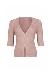 Pink ribbed cardigan with three-quarter length sleeves, V-neck, and front button closure. Features subtle texture and soft fabric.
