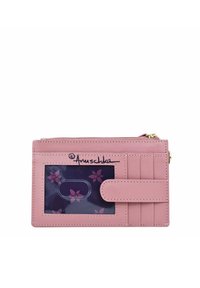 Roze leren portemonnee met een transparant ID-vak, ritssluiting, meerdere kaartsleuven en een bloemenprint voering. Voorzien van een drukknoopsluiting.