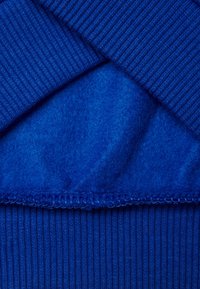 Tessuto blu reale con una superficie texturizzata e soffice, con dettagli a coste nella parte superiore e una finitura liscia sottostante.