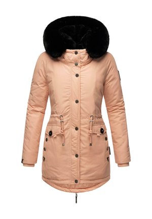 Peachfarvet isoleret parka med sort faux fur-detalje, fuld lynlås, trykknapper, snor i taljen og to sidelommer.