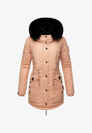 Peachfarget isolert parka med svart faux fur-pynt, hel glidelås, trykknapper, snor i midjen og to sidelommer.