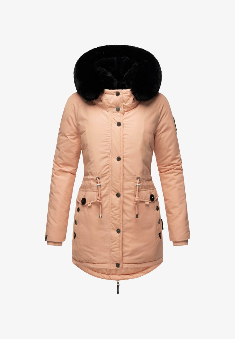 Persikofärgad isolerad parka med svart faux pälsdetalj, hel dragkedja, tryckknappar, dragsko i midjan och två sidofickor.