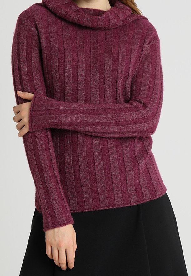 Maglione borgogna con collo a cowl e strisce verticali in diverse tonalità, realizzato in morbido tessuto, con maniche lunghe e una vestibilità comoda.