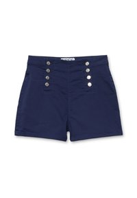 Pantalones cortos azul marino hechos de una mezcla de algodón con una textura suave. Presenta seis botones decorativos de tono plateado en la parte delantera.
