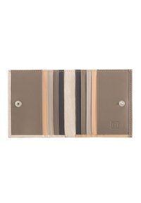 Leather wallet with a snap closure, featuring multiple card slots in varying shades of brown, beige, and black, with a textured surface.