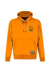 Oranger Kapuzenpullover mit vorderer Kängurutasche, Kordelzügen und kleinen Berg-Logos sowie "PROTEST 93" Text-Patches.