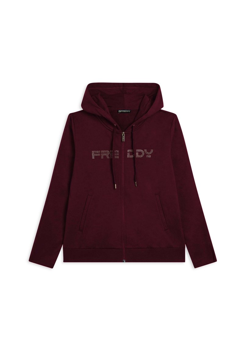 Felpa con zip color marrone scuro, dotata di tasche frontali, coulisse e scritta "FREDDY" in piccoli punti bianchi sul petto.