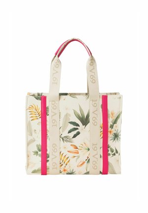 Canvas totebag met bloemenprint in groen, geel en oranje. Bevat roze accenten en beige hengsels met reliëftekst.