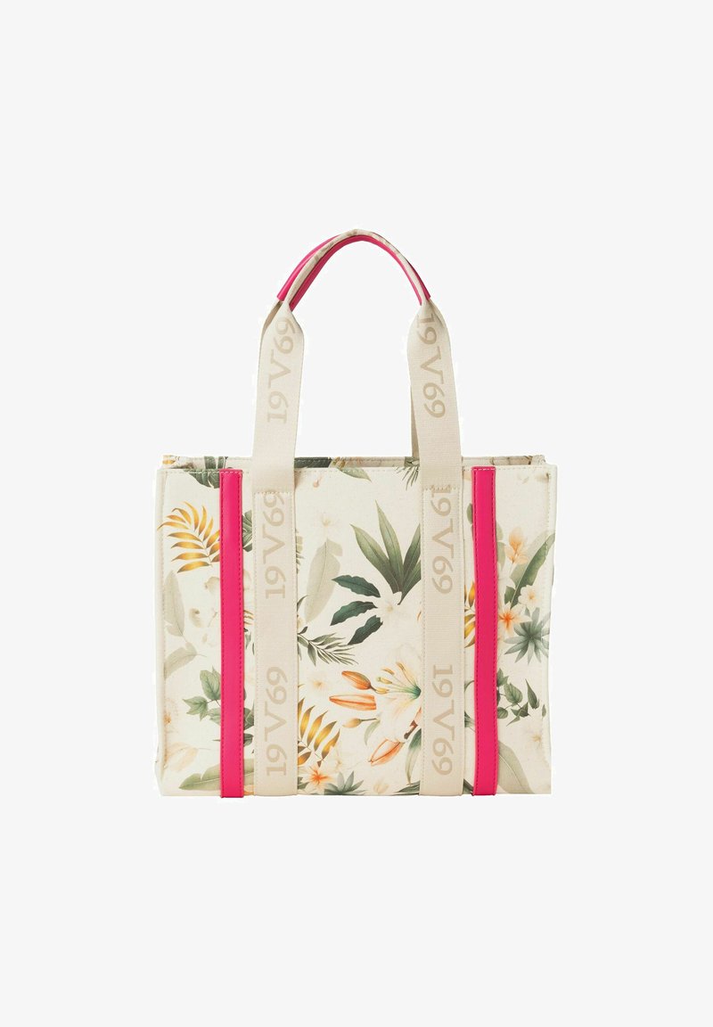 Canvas-Tasche mit floralem Muster in Grün, Gelb und Orange. Mit pinken Akzenten und beigen Trägern mit eingeprägtem Text.