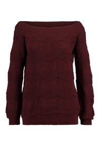Burgundowy sweter bez ramion z teksturowanym falistym wzorem, ściągaczami przy dekolcie i mankietach oraz długimi rękawami.