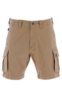 Pantalones cortos cargo beige de corte regular, con bolsillos laterales, cierre de botón y pasadores para cinturón. Fabricados en una duradera tela de algodón.