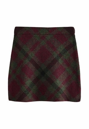 Mini spódniczka w ciemnozieloną i burgundową kratę, wykonana z teksturowanej tkaniny przypominającej wełnę.
