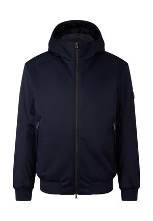 Donkerblauwe zip-up jas met capuchon, voorzien van zijzakken, ribgebreide manchetten en een schone, gladde stofuiterlijk.