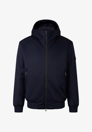 Donkerblauwe zip-up jas met capuchon, voorzien van zijzakken, ribgebreide manchetten en een schone, gladde stofuiterlijk.