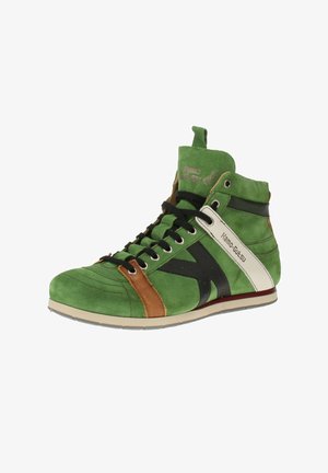 Green suede high-top sneaker with black and brown accents, featuring white branding, black laces, and a textured surface. Midsole is beige.
