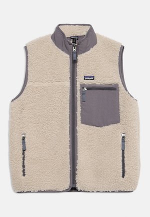Veste beige en polaire avec bordure grise, fermeture éclair frontale, poches poitrine et latérales zippées, avec le logo Patagonia sur la poche poitrine.