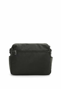 Borsa a tracolla nera in nylon con tasca frontale con zip, tracolla regolabile e superficie morbida e testurizzata. Presenta un design elegante e minimalista.