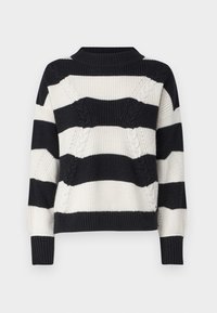 Jersey de punto con rayas horizontales en blanco y negro, que presenta patrones de trenzado, un cuello redondo acanalado y puños acanalados.