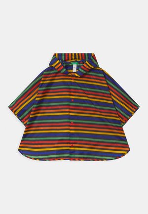 Colorful striped poncho in green, yellow, blue, and orange. Made of smooth fabric with a collar and red buttons down the front.