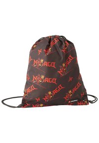 Sac à dos à cordon de frappe en tissu noir, avec un motif graphique Ninjago rouge. Le matériau est lisse, avec une forme arrondie et des cordons ajustables.