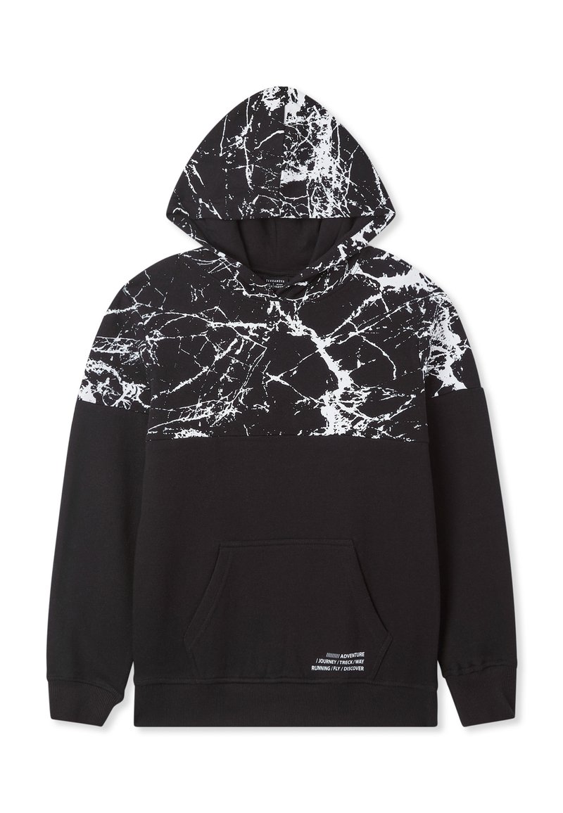 Felpa nera con cappuccio a motivo marmoreo bianco, tasca frontale e dettagli testuali sull'orlo. Materiale in misto cotone, vestibilità casual.