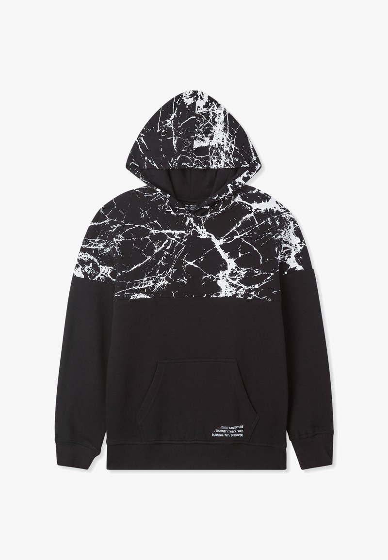 Felpa nera con cappuccio a motivo marmoreo bianco, tasca frontale e dettagli testuali sull'orlo. Materiale in misto cotone, vestibilità casual.