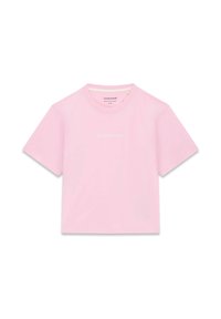 Różowy t-shirt z krótkim rękawem wykonany z bawełny, z okrągłym dekoltem i subtelnym logo na przodzie, gładką teksturą i klasycznym krojem.