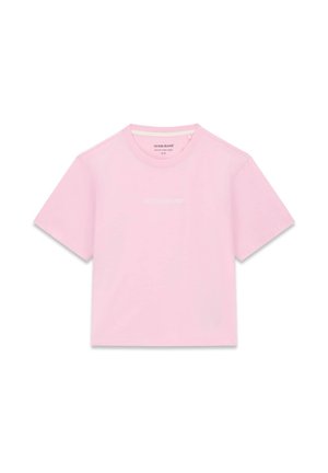 Rozā īsroku krekls no kokvilnas ar apaļu kakla izgriezumu un smalku logotipa detaļu priekšpusē, gluda tekstūra un klasiskas piegriezums.