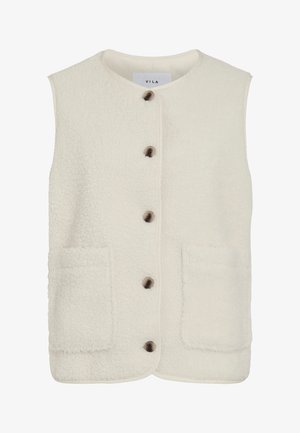Fleece-Weste in Creme mit Rundhalsausschnitt, vorderem Knopfverschluss und zwei großen aufgesetzten Taschen. Verfügt über eine strukturierte Oberfläche und Kontrastpaspel.