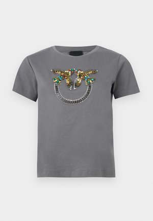 Grijs T-shirt met korte mouwen en een ronde hals, met een voorzijde ontwerp van twee vogels die elkaar aankijken, gemaakt van kleurrijke pailletten en kralen.
