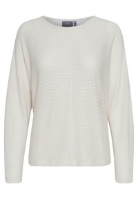 Weißer Pullover mit langen Ärmeln und strukturiertem Waffelstrickmuster. Rundhalsausschnitt und lockere Passform, mit glatter Oberfläche und ohne sichtbare Beschläge.