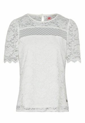 Weißes Spitzenoberteil mit kurzen Ärmeln und gewellten Rändern, einem grauen Einsatz über der Brust und einem Schlüssellochverschluss auf der Rückseite.